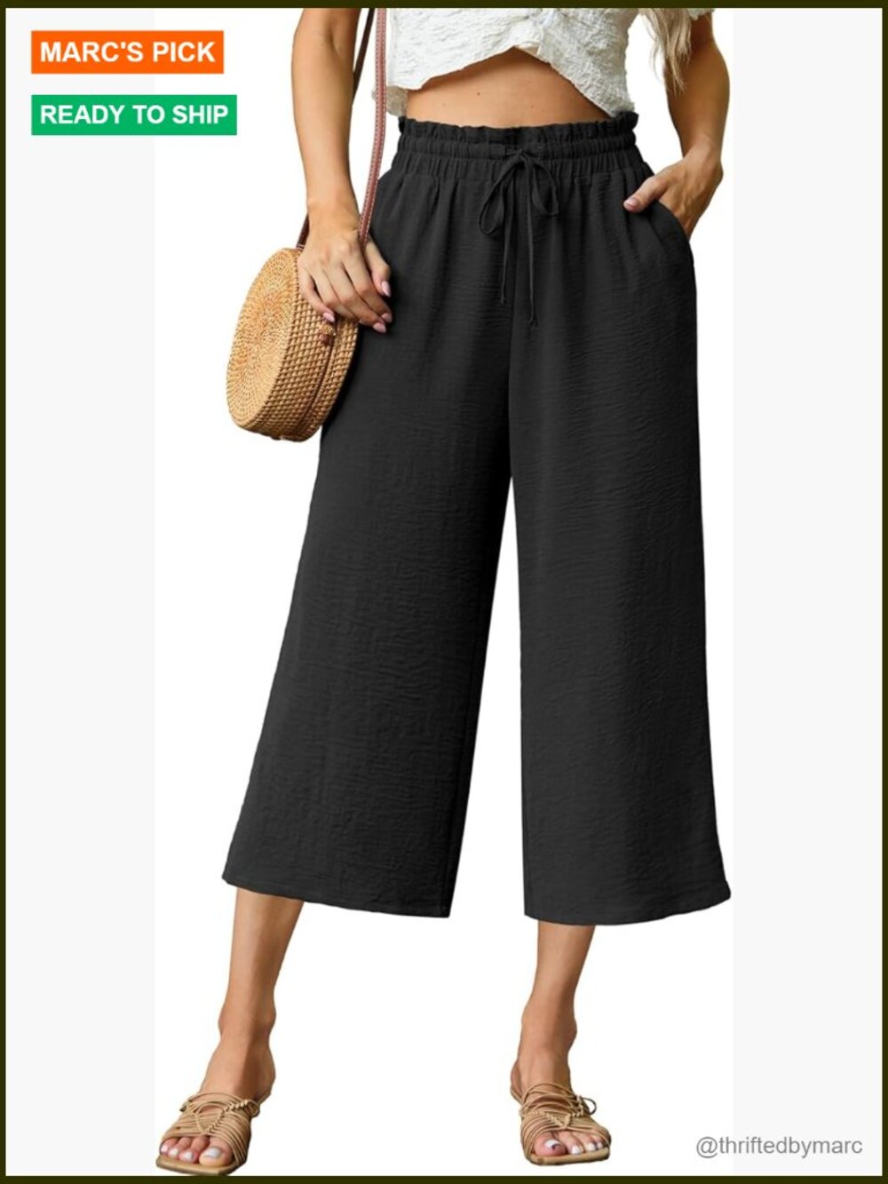 High Waisted Wide Leg Capri Pants Adjustable Drawstring with Pockets
